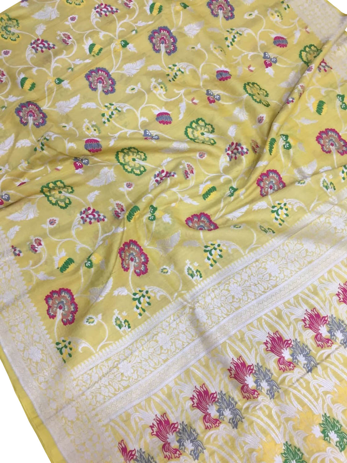 Yellow Banarasi Handloom Pure Tussar Georgette Meenakari Saree - Luxurion World