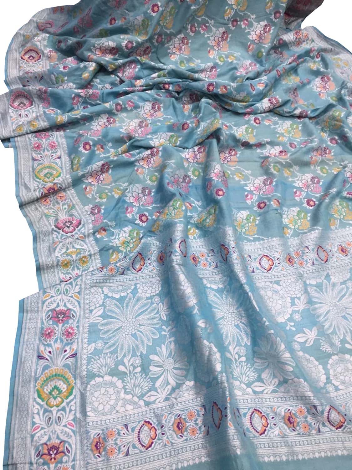 Blue Banarasi Handloom Pure Tussar Georgette Meenakari Saree - Luxurion World