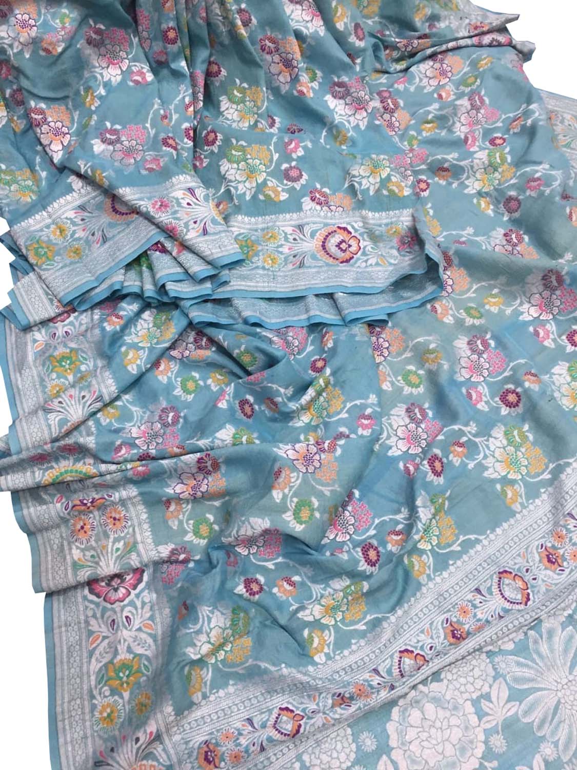 Blue Banarasi Handloom Pure Tussar Georgette Meenakari Saree - Luxurion World