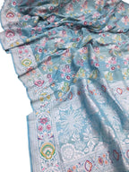 Blue Banarasi Handloom Pure Tussar Georgette Meenakari Saree - Luxurion World