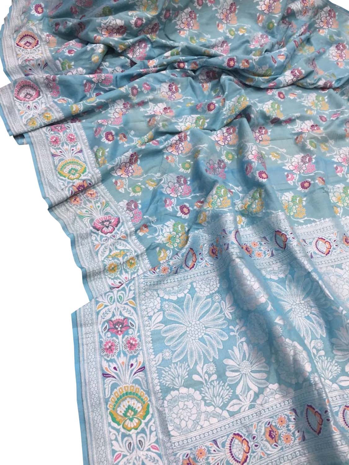 Blue Banarasi Handloom Pure Tussar Georgette Meenakari Saree - Luxurion World