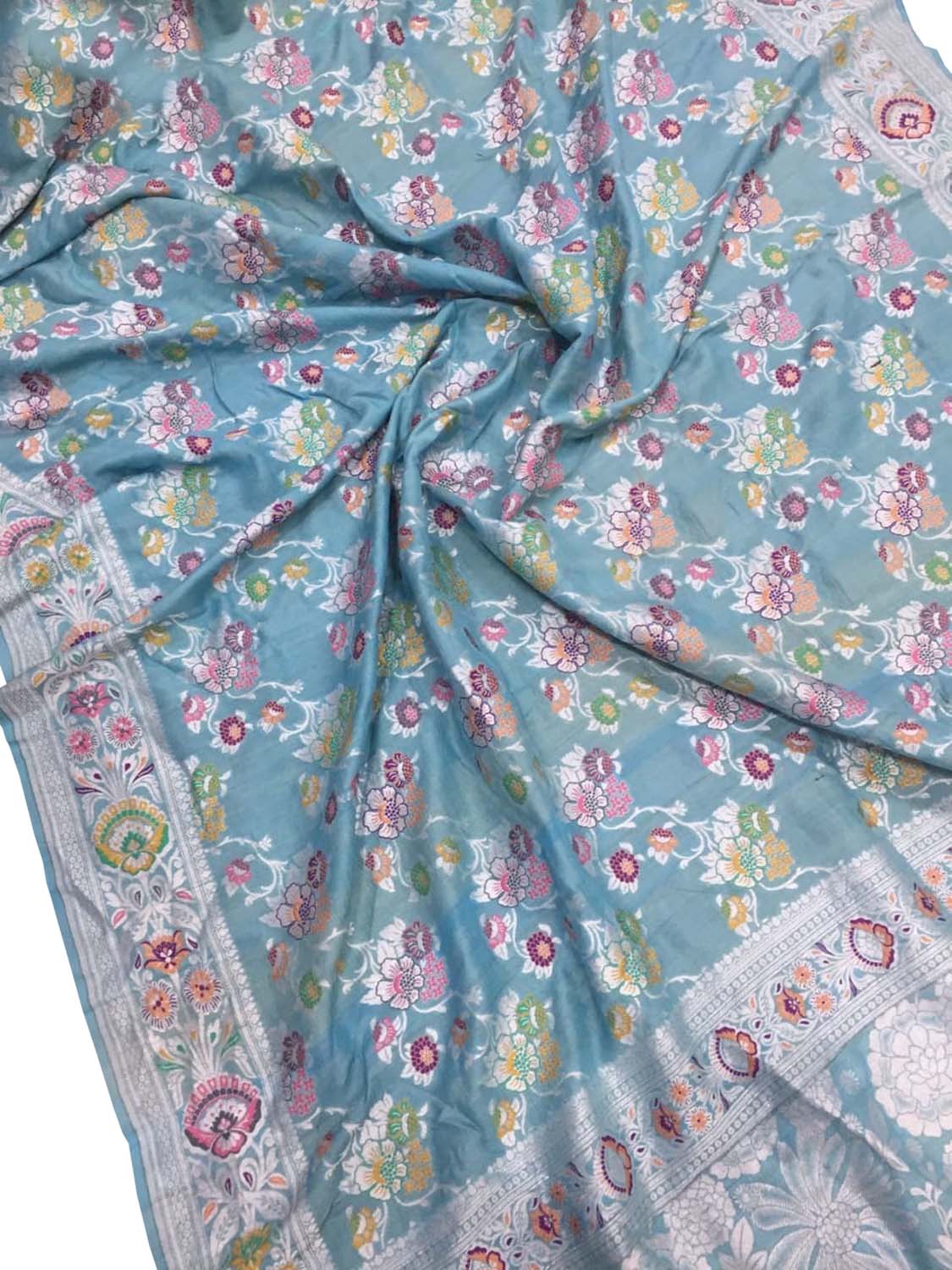 Blue Banarasi Handloom Pure Tussar Georgette Meenakari Saree - Luxurion World