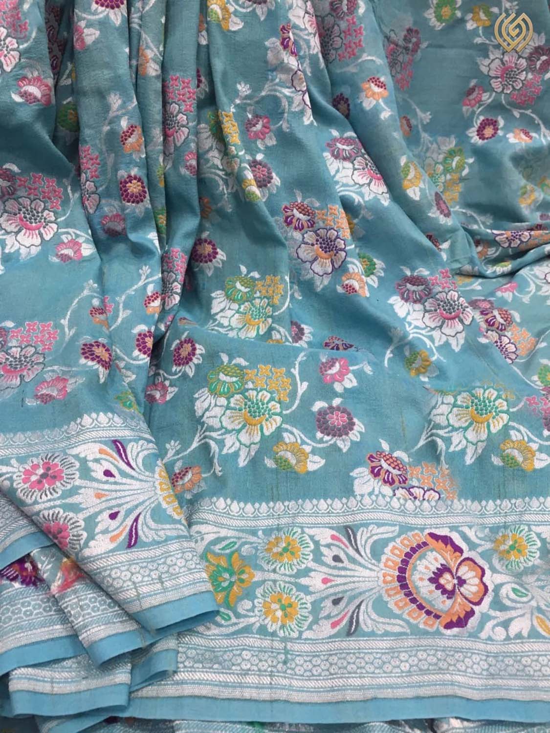 Blue Banarasi Handloom Pure Tussar Georgette Meenakari Saree - Luxurion World