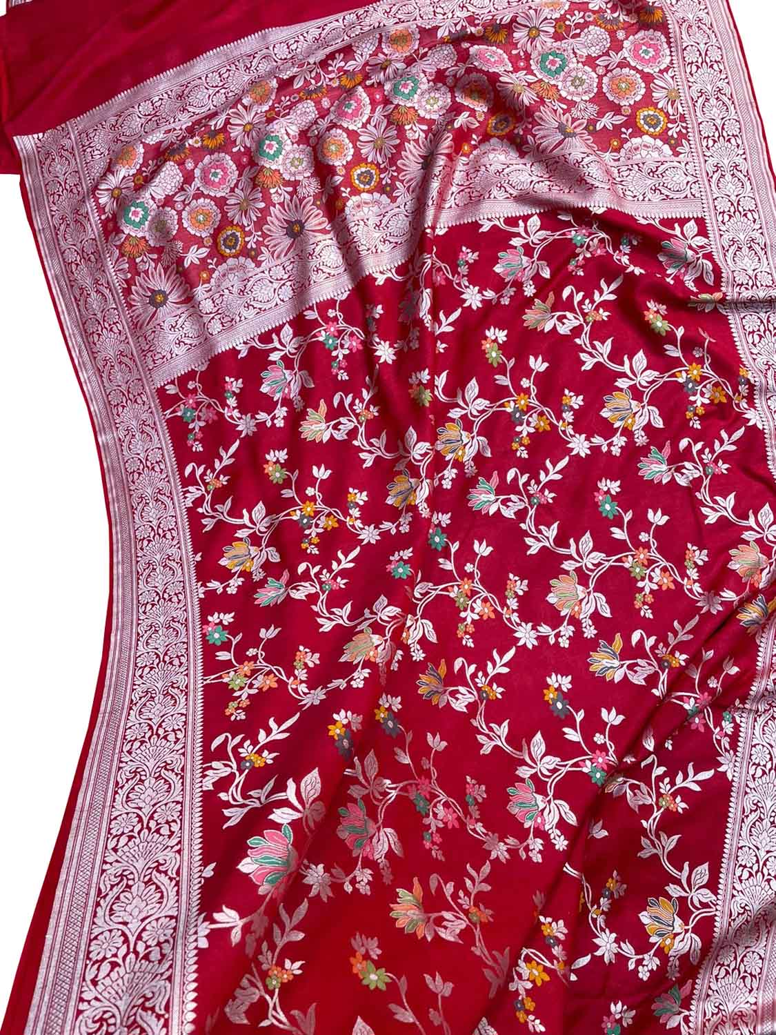 Red Banarasi Handloom Pure Tussar Georgette Meenakari Saree - Luxurion World