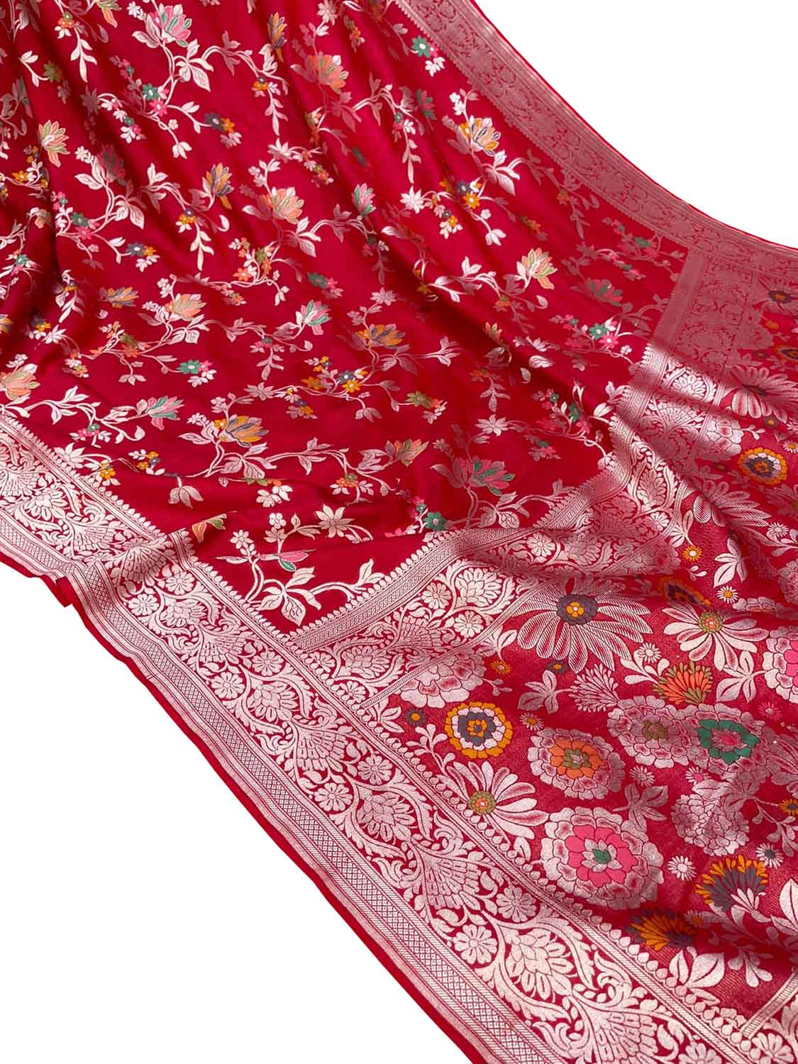 Red Banarasi Handloom Pure Tussar Georgette Meenakari Saree - Luxurion World