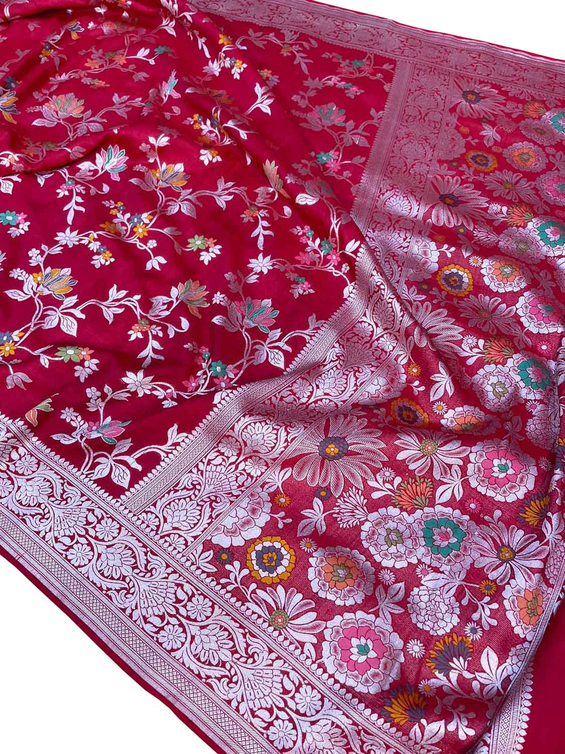 Red Banarasi Handloom Pure Tussar Georgette Meenakari Saree - Luxurion World