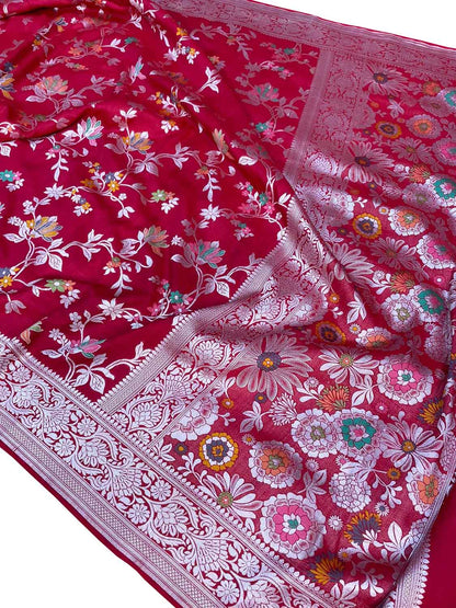 Red Banarasi Handloom Pure Tussar Georgette Meenakari Saree - Luxurion World