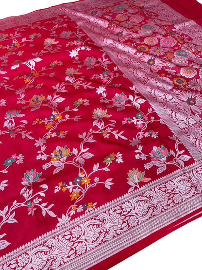 Red Banarasi Handloom Pure Tussar Georgette Meenakari Saree - Luxurion World