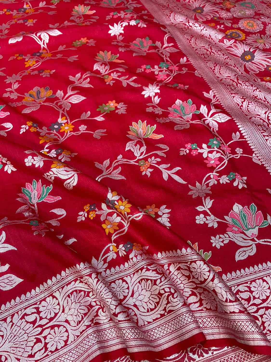 Red Banarasi Handloom Pure Tussar Georgette Meenakari Saree - Luxurion World