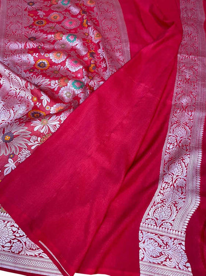 Red Banarasi Handloom Pure Tussar Georgette Meenakari Saree - Luxurion World