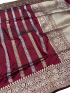 Maroon Banarasi Handloom Pure Katan Silk Stripes Design Sona Roops Saree - Luxurion World