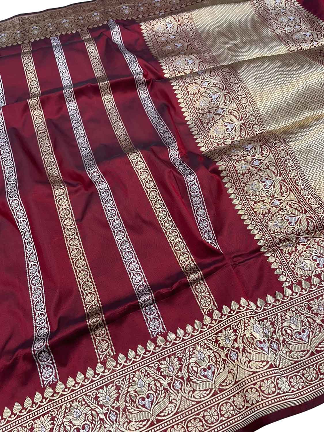 Maroon Banarasi Handloom Pure Katan Silk Stripes Design Sona Roops Saree - Luxurion World