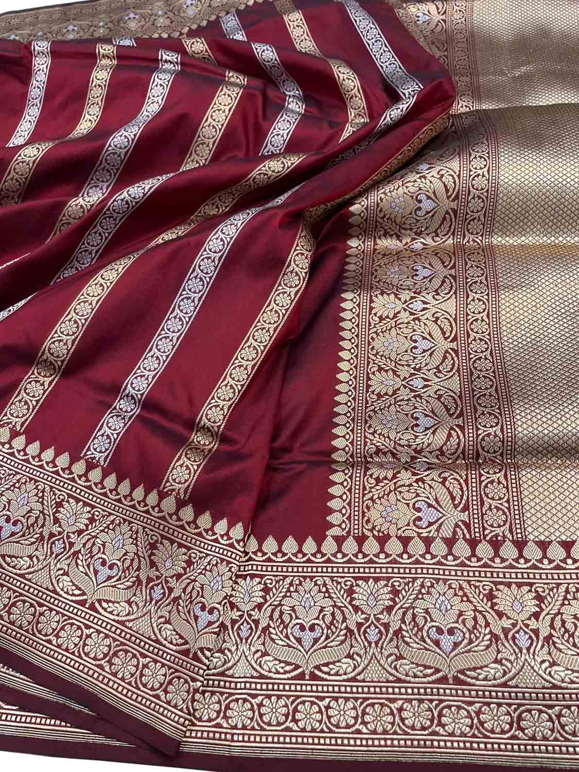 Maroon Banarasi Handloom Pure Katan Silk Stripes Design Sona Roops Saree