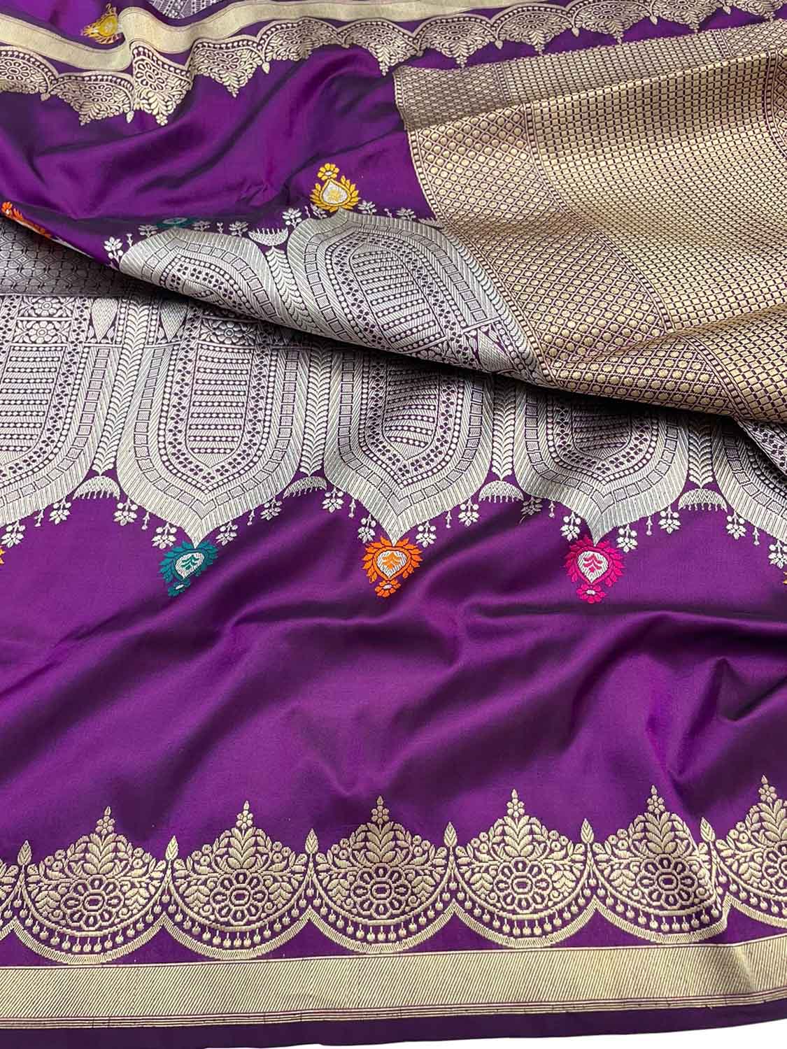 Purple Banarasi Handloom Pure Katan Silk Meenakari Saree - Luxurion World