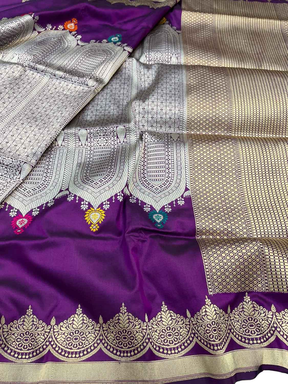 Purple Banarasi Handloom Pure Katan Silk Meenakari Saree - Luxurion World