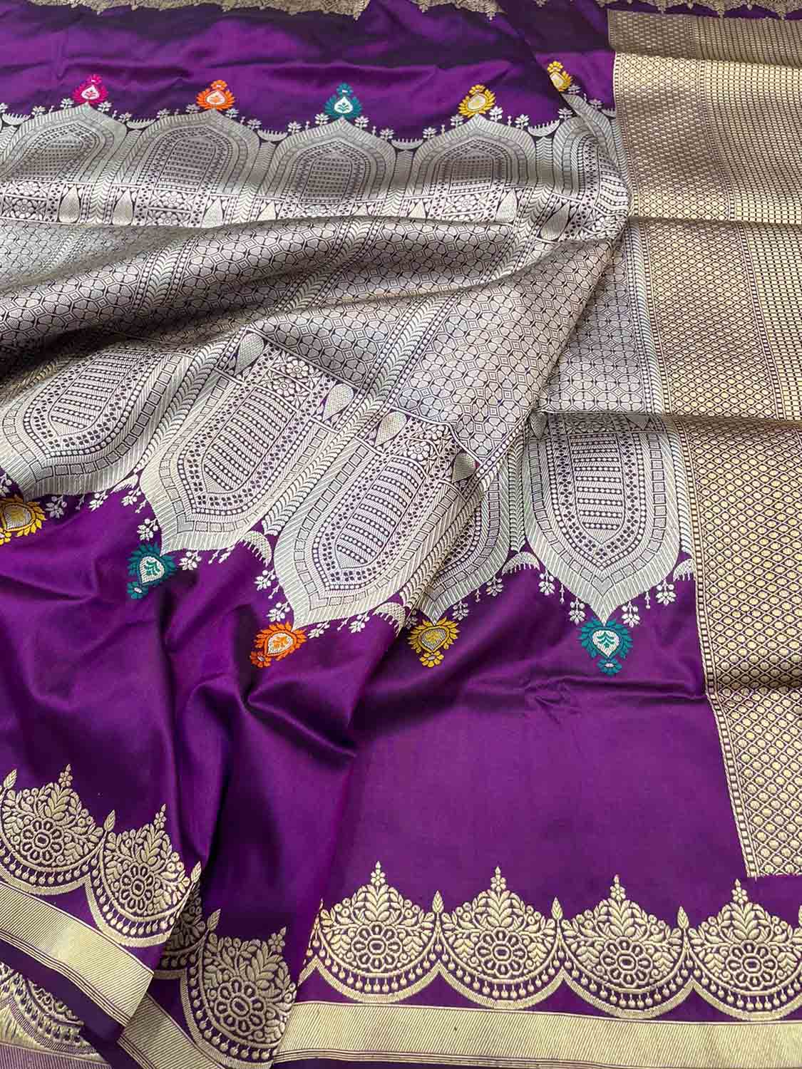 Purple Banarasi Handloom Pure Katan Silk Meenakari Saree - Luxurion World