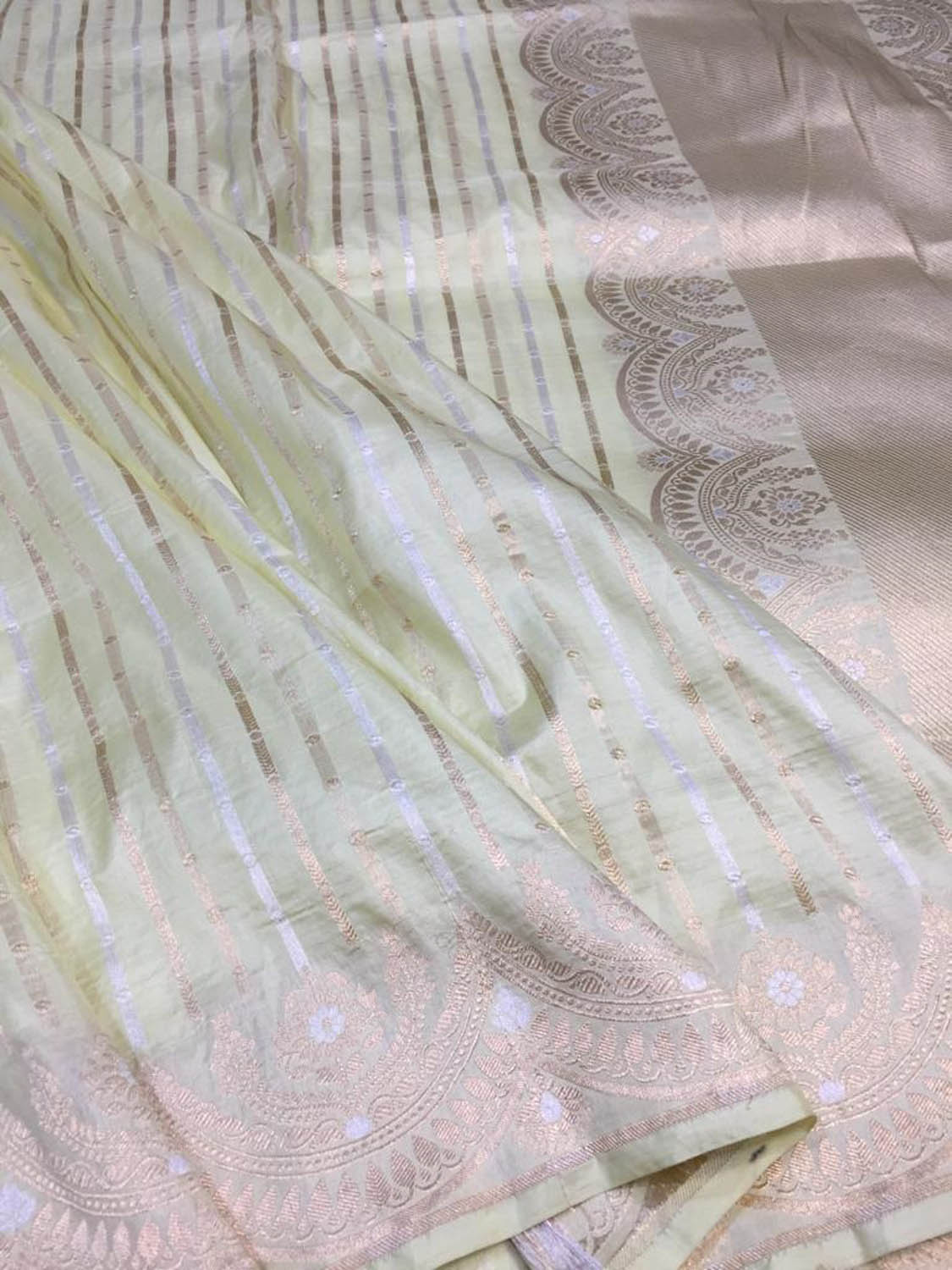 Pastel Banarasi Handloom Pure Katan Silk Stripes Design Saree - Luxurion World