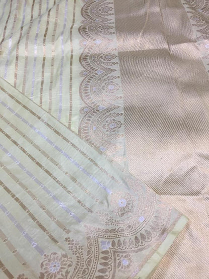 Pastel Banarasi Handloom Pure Katan Silk Stripes Design Saree