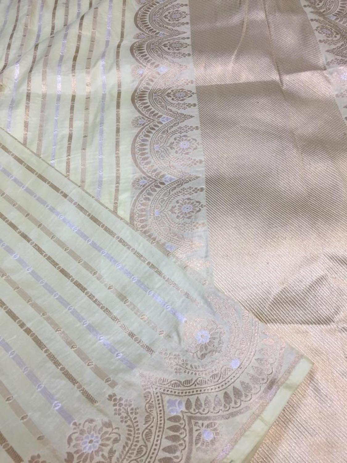 Pastel Banarasi Handloom Pure Katan Silk Stripes Design Saree - Luxurion World
