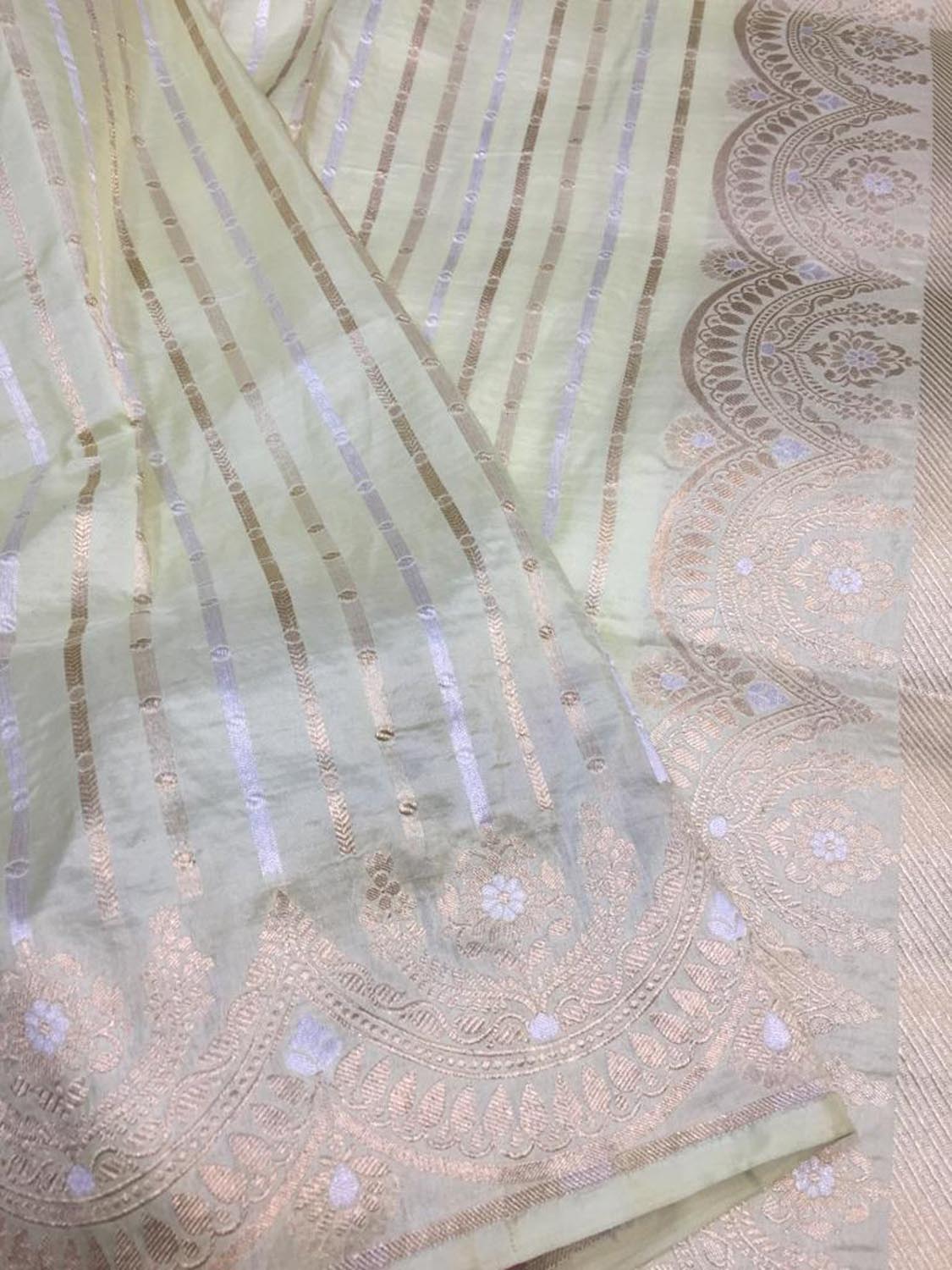 Pastel Banarasi Handloom Pure Katan Silk Stripes Design Saree - Luxurion World