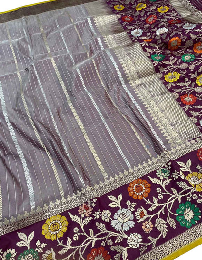 Exquisite Purple Banarasi Handloom Pure Katan Silk Meenakari Saree - Luxurion World