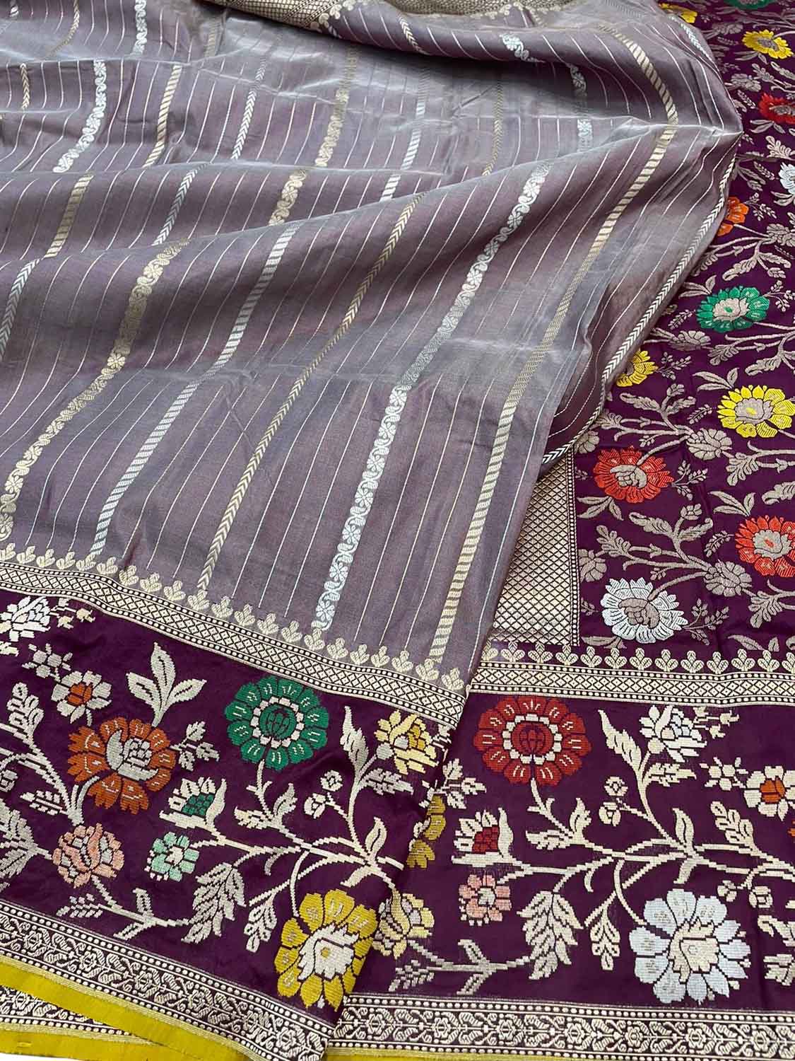 Exquisite Purple Banarasi Handloom Pure Katan Silk Meenakari Saree - Luxurion World