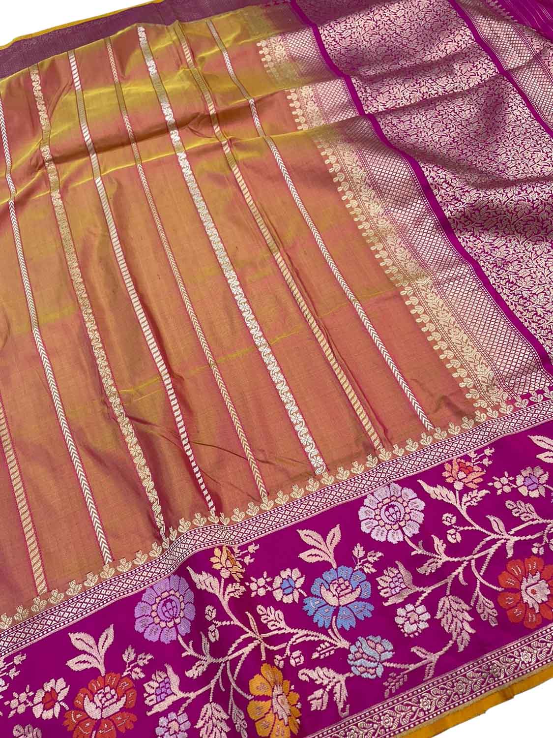 Elegant Pink & Orange Shot Banarasi Handloom Pure Katan Silk Saree - Luxurion World
