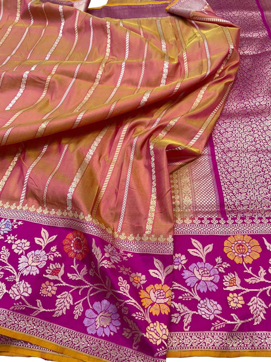 Elegant Pink & Orange Shot Banarasi Handloom Pure Katan Silk Saree - Luxurion World