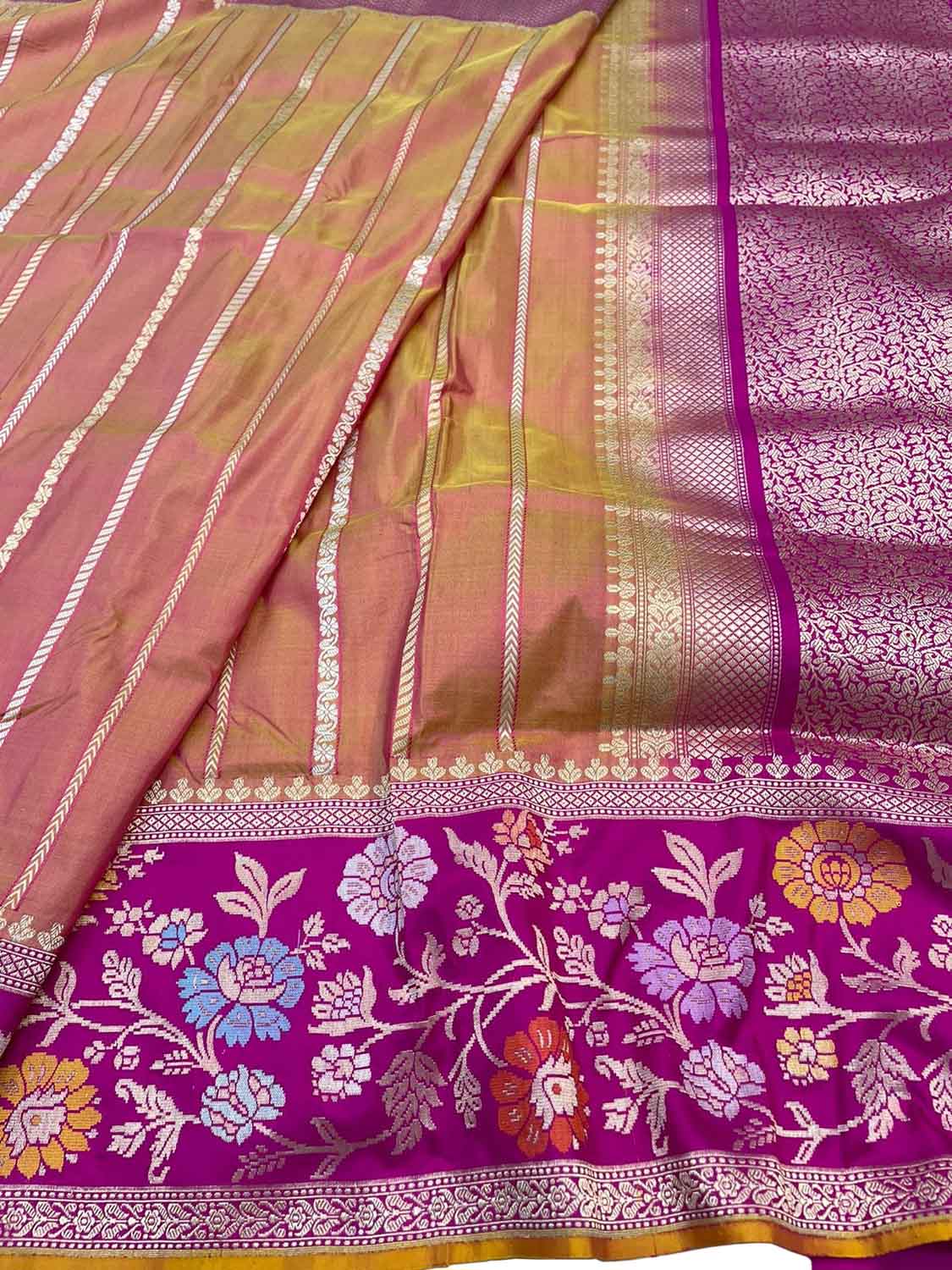 Elegant Pink & Orange Shot Banarasi Handloom Pure Katan Silk Saree - Luxurion World