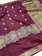 Exquisite Maroon Banarasi Handloom Pure Katan Silk Meenakari Saree - Luxurion World