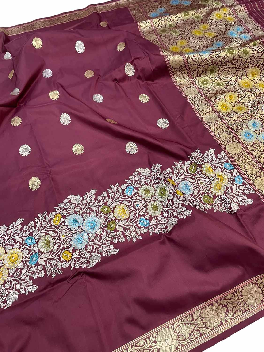 Exquisite Maroon Banarasi Handloom Pure Katan Silk Meenakari Saree - Luxurion World