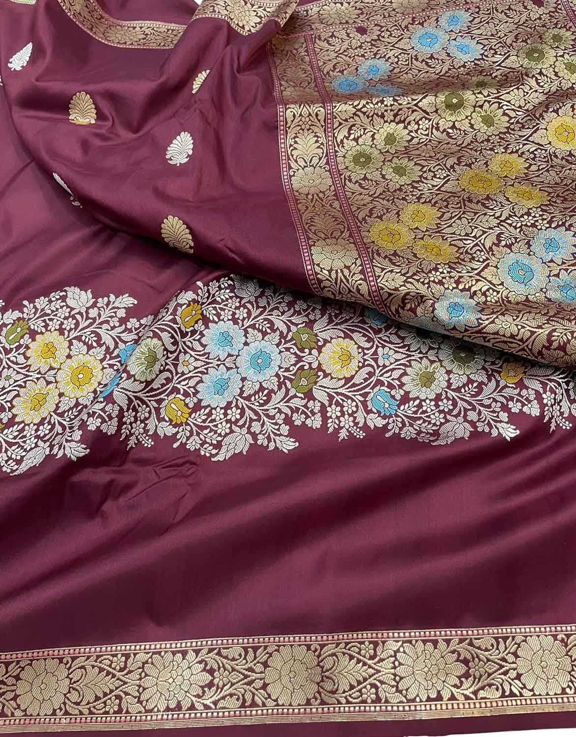 Exquisite Maroon Banarasi Handloom Pure Katan Silk Meenakari Saree - Luxurion World