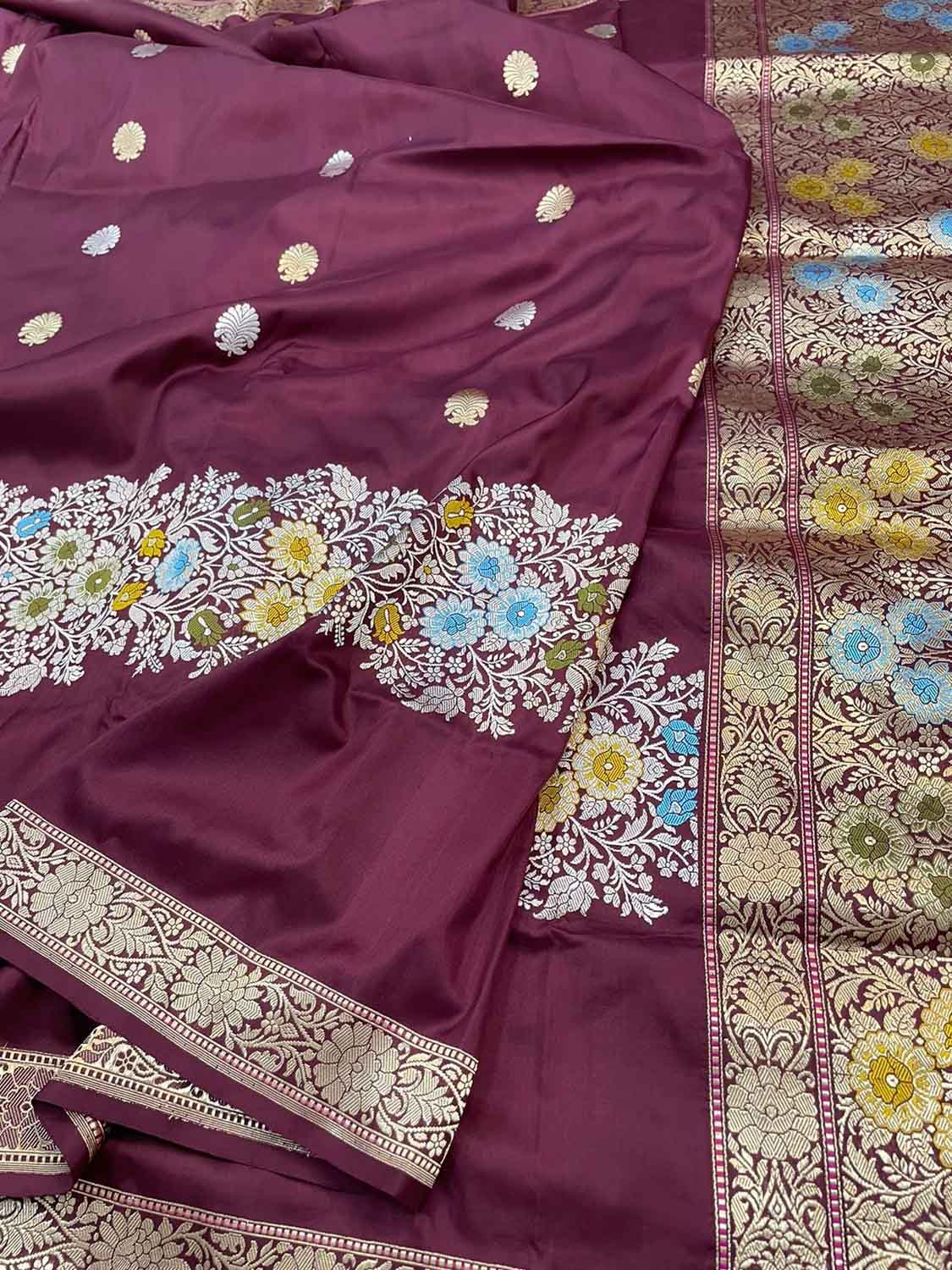 Exquisite Maroon Banarasi Handloom Pure Katan Silk Meenakari Saree - Luxurion World
