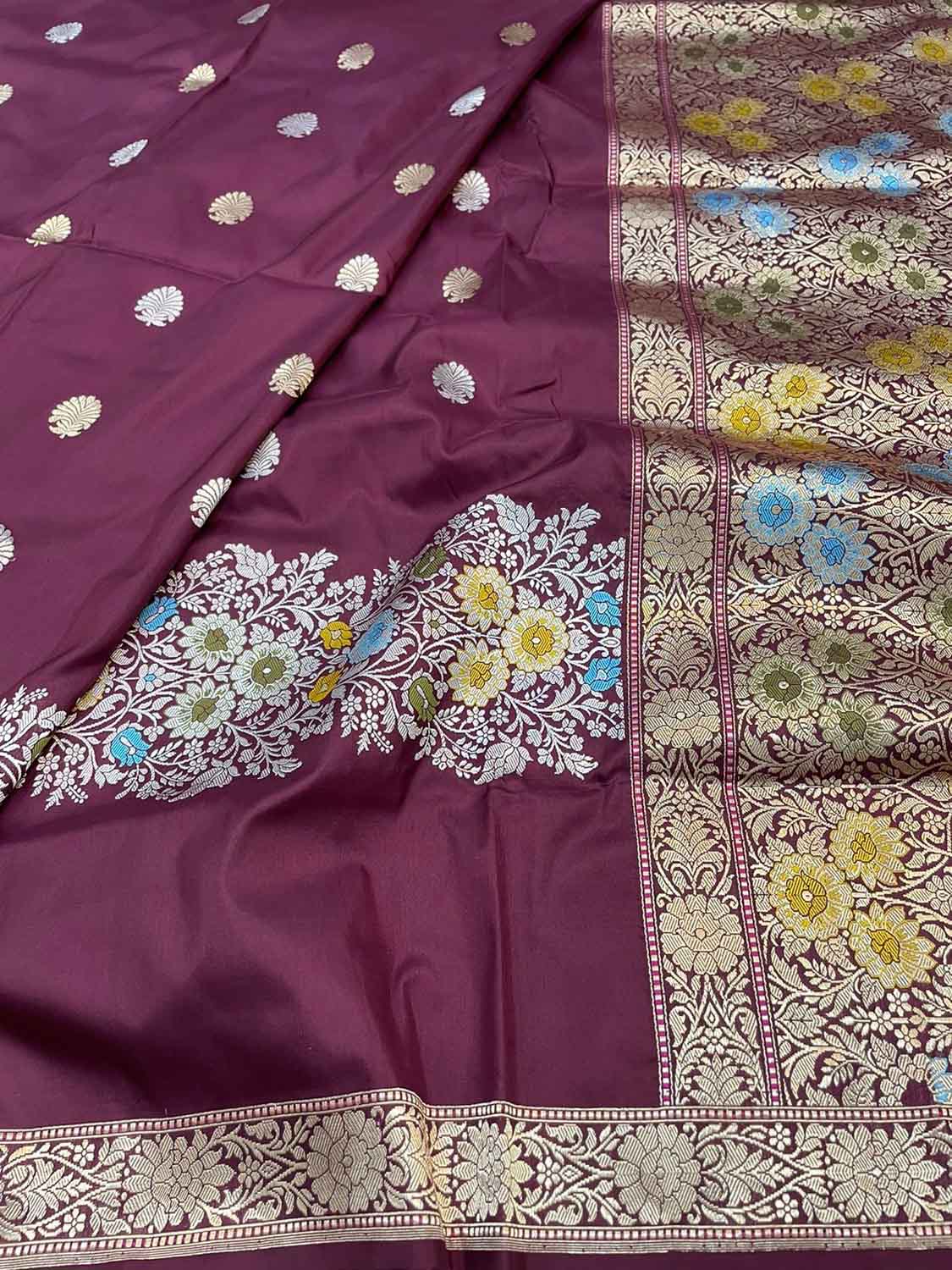 Exquisite Maroon Banarasi Handloom Pure Katan Silk Meenakari Saree - Luxurion World