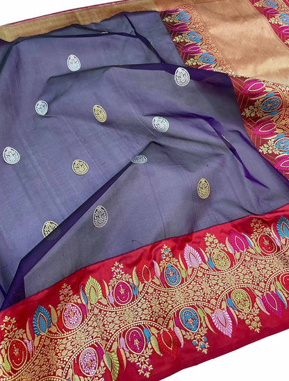 Elegant Blue Banarasi Handloom Pure Kora Silk Meenakari Saree - Luxurion World