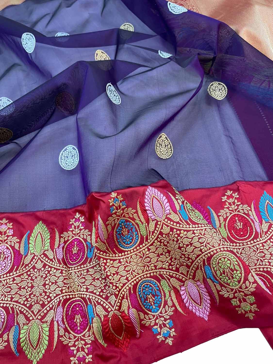 Elegant Blue Banarasi Handloom Pure Kora Silk Meenakari Saree - Luxurion World