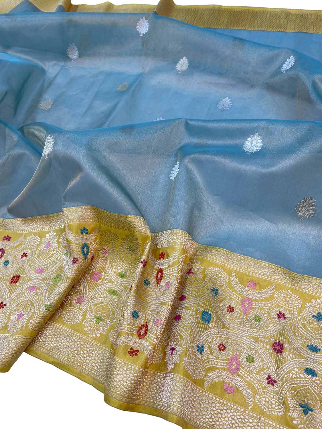 Elegant Blue Banarasi Handloom Pure Kora Silk Meenakari Saree - Luxurion World