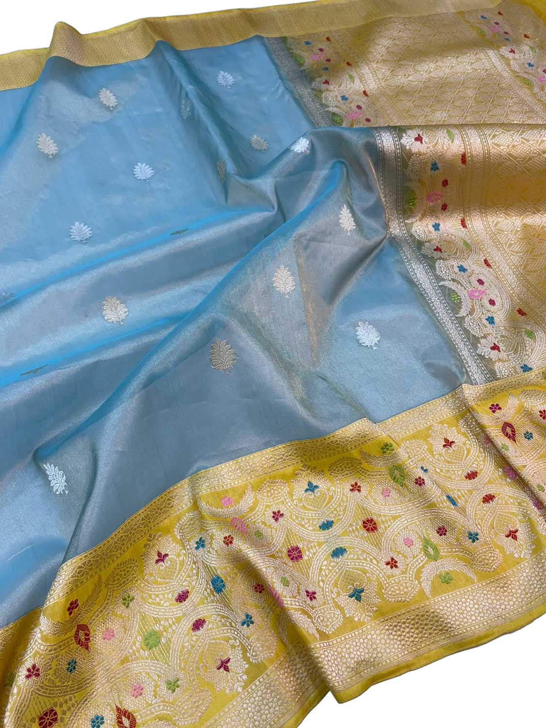 Elegant Blue Banarasi Handloom Pure Kora Silk Meenakari Saree - Luxurion World