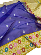 Elegant Blue Banarasi Handloom Pure Kora Silk Meenakari Saree - Luxurion World