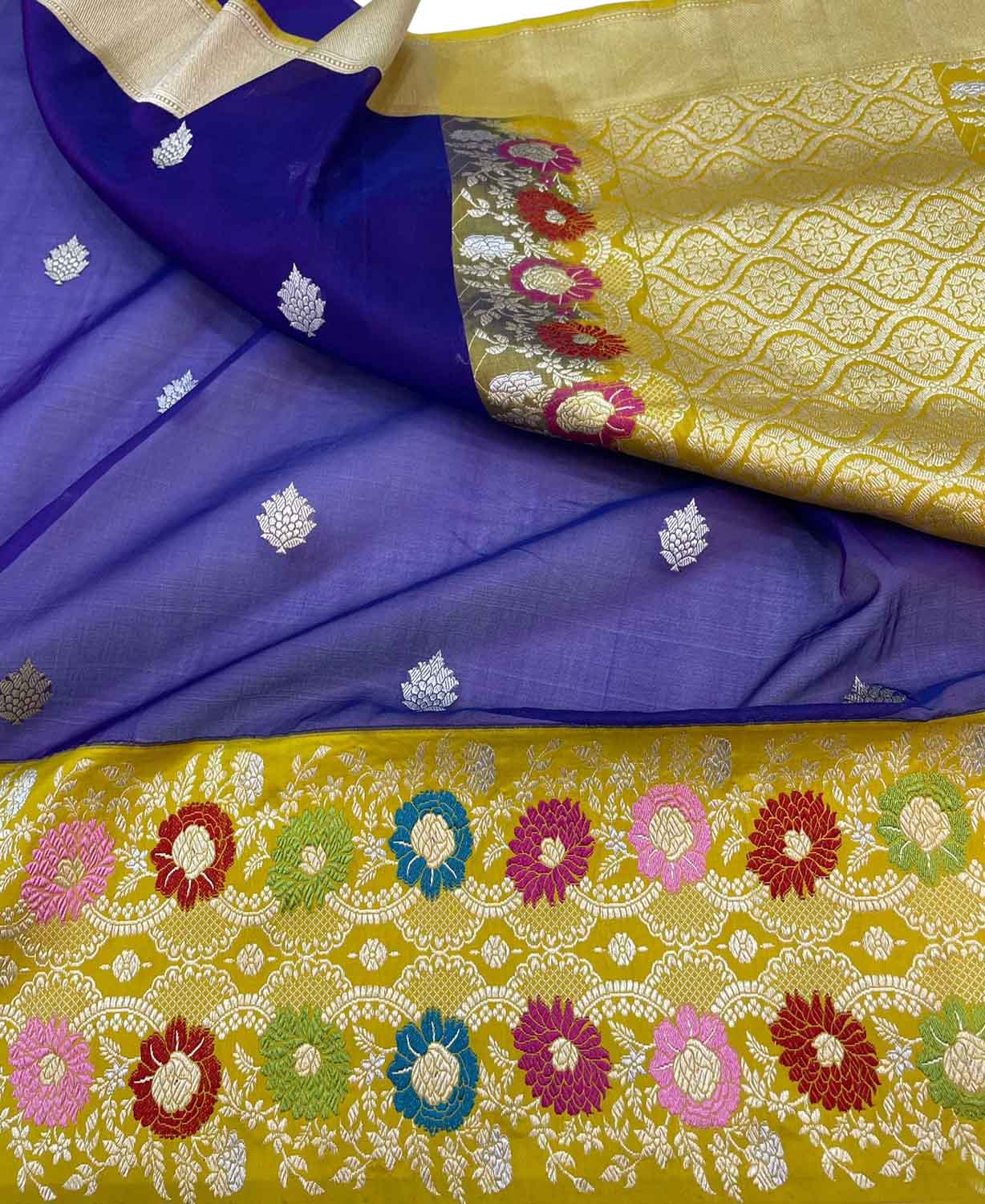 Elegant Blue Banarasi Handloom Pure Kora Silk Meenakari Saree - Luxurion World