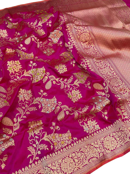 Elegant Pink Banarasi Handloom Pure Katan Silk Saree - Luxurion World