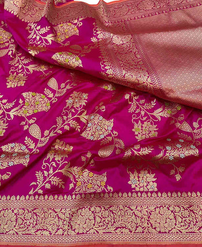 Elegant Pink Banarasi Handloom Pure Katan Silk Saree - Luxurion World