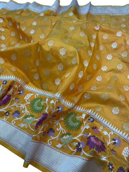 Exquisite Yellow Banarasi Handloom Pure Katan Silk Saree - Luxurion World