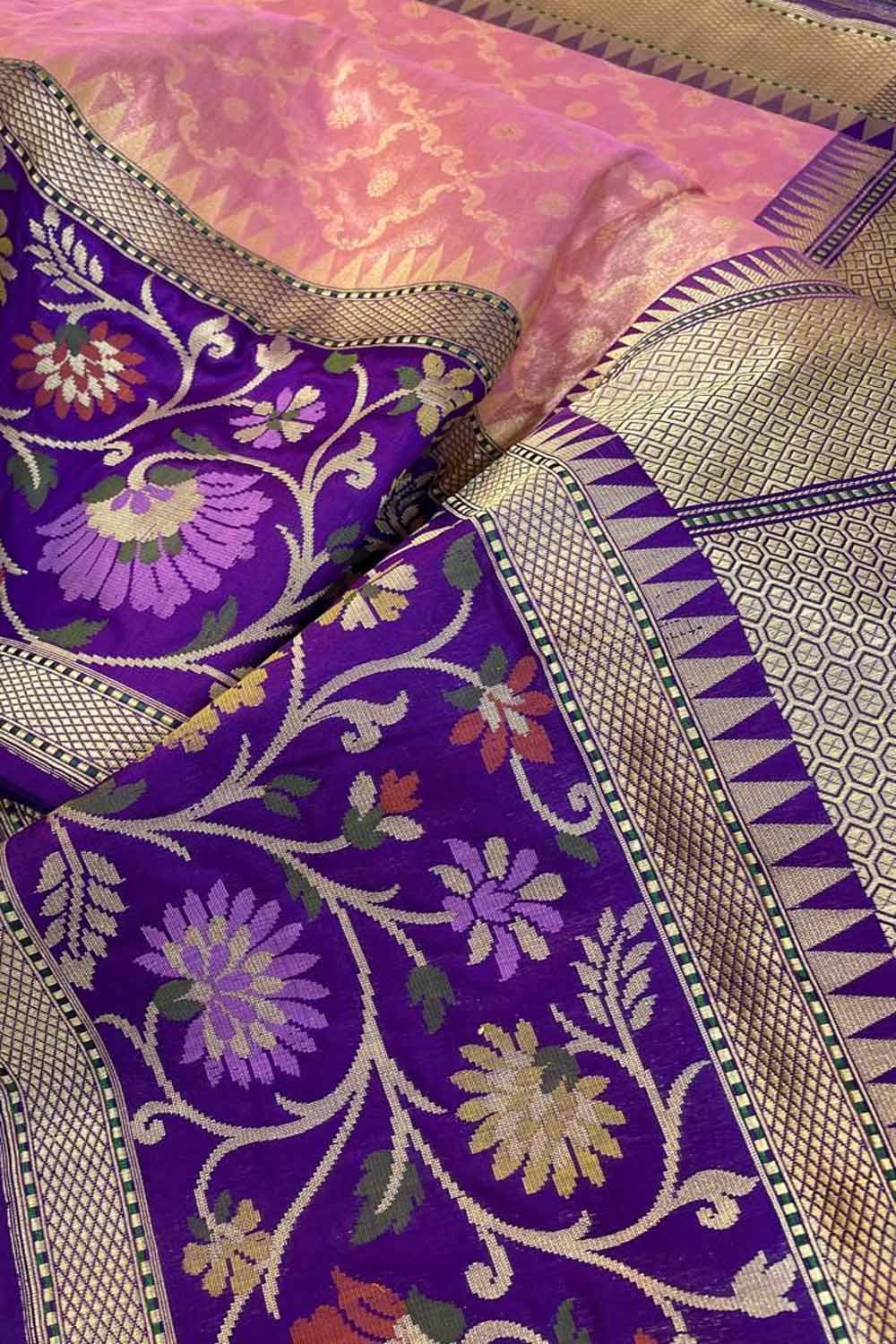 Elegant Pink Banarasi Silk Saree with Meenakari Border - Luxurion World