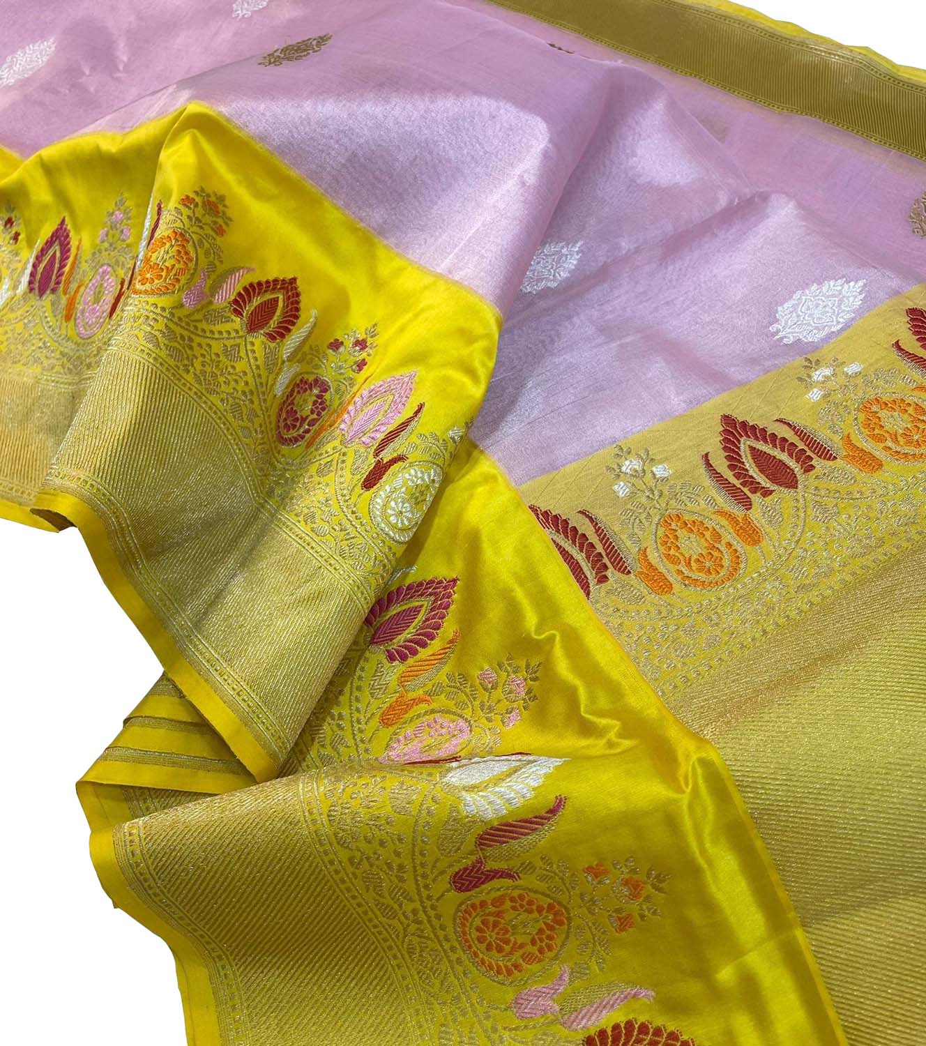Elegant Pink Banarasi Tissue Silk Saree with Meenakari Border - Luxurion World