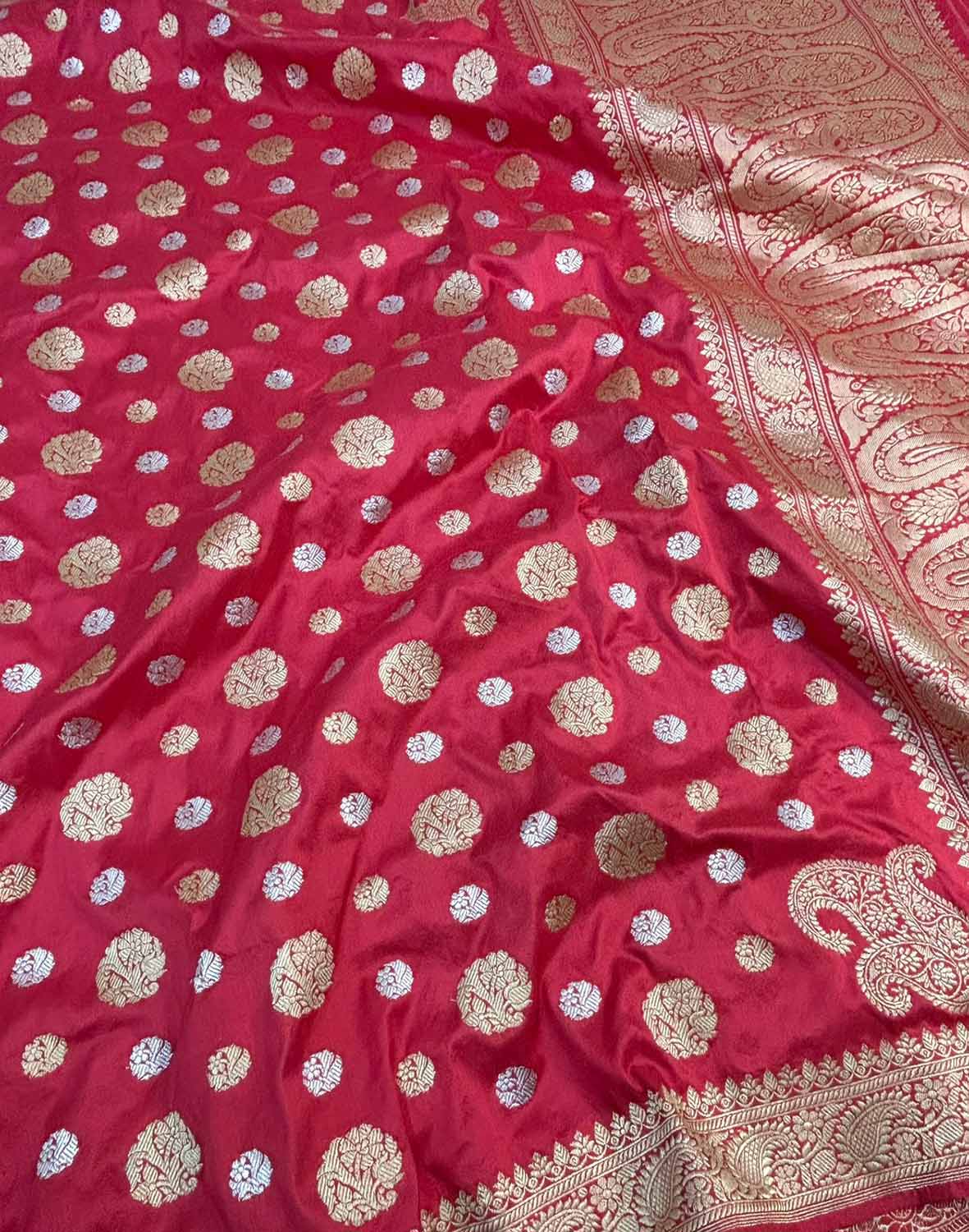 Exquisite Red Banarasi Handloom Pure Katan Silk Sona Roopa Saree - Luxurion World