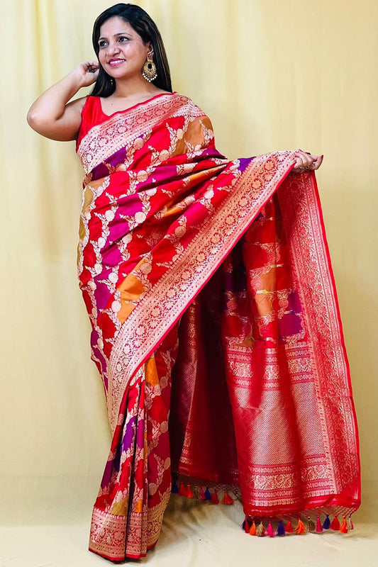 Multicolor Handloom Banarasi Pure Katan Silk Rangkat Saree - Luxurion World