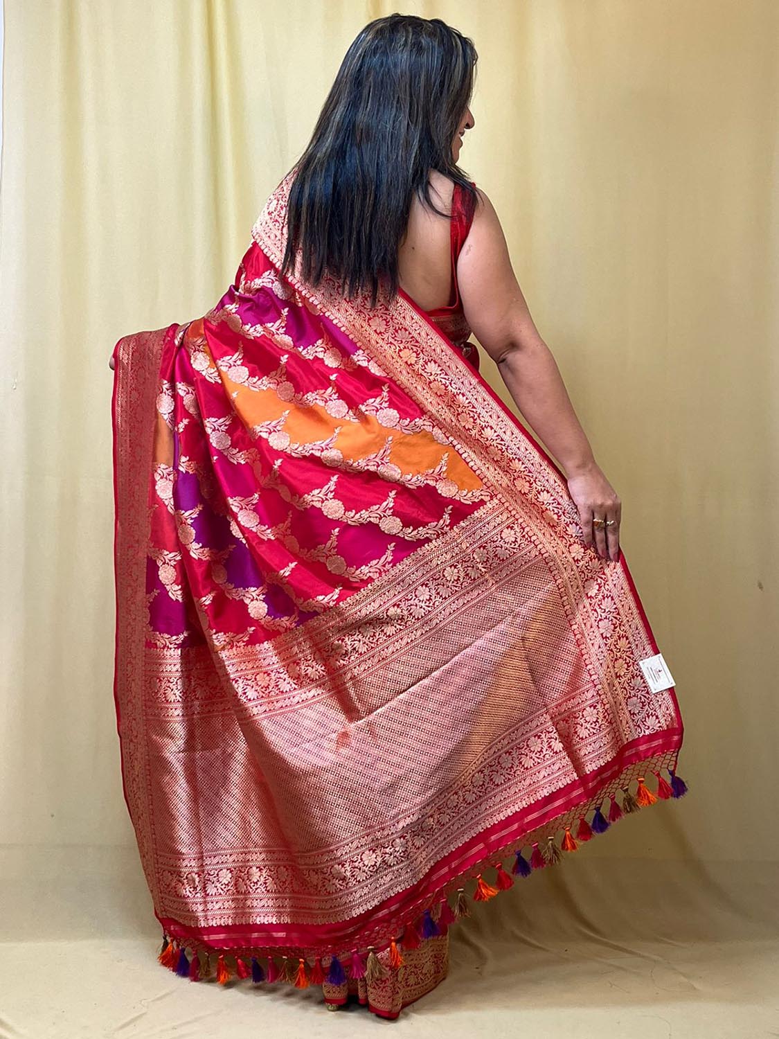 Multicolor Handloom Banarasi Pure Katan Silk Rangkat Saree - Luxurion World