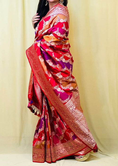Multicolor Handloom Banarasi Pure Katan Silk Rangkat Saree - Luxurion World