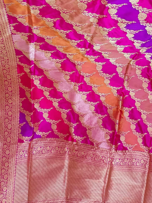 Multicolor Handloom Banarasi Pure Katan Silk Rangkat Saree - Luxurion World